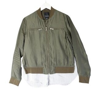 Trouve Bomber Jacket Womens S Olive Green Utility Layered Striped Shirt Zip Up‎